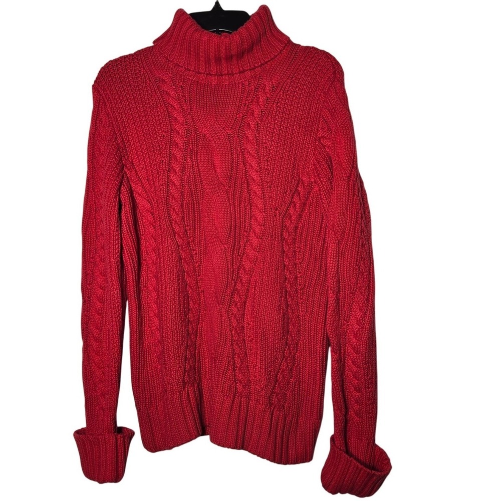 Lands End Womens Red Cable Knit Turtleneck Sweater Medium Fisherman Holiday
